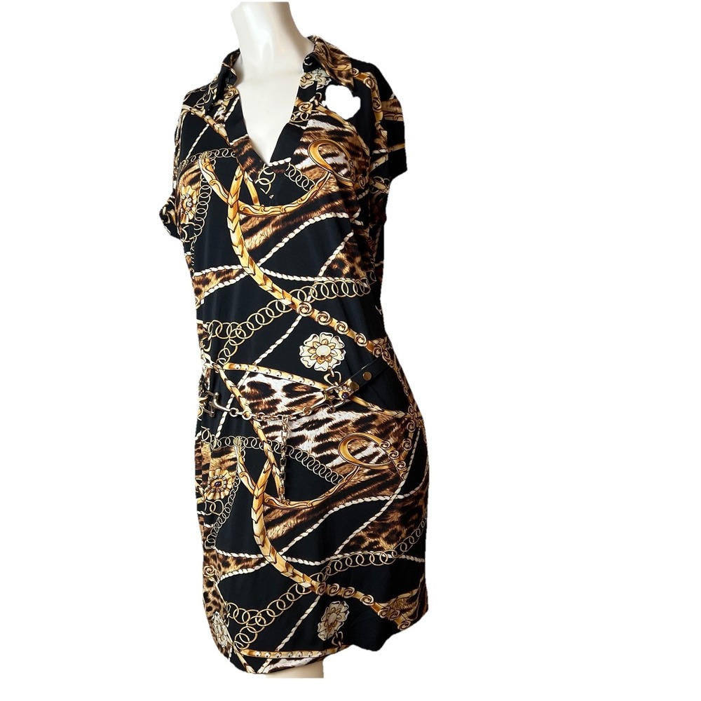 Cache Cap Sleeve Black Chain Print Belted V-Neck Dress Size XL, Belt Medium